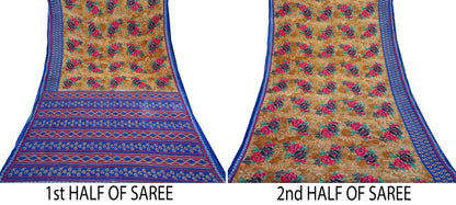 Indian Vintage Saffron & Blue Saree Printed Pure Cotton Sari Craft Fabric 5Yd Sewing Soft Sarong Wrap Boho Floral Quilting Crafting