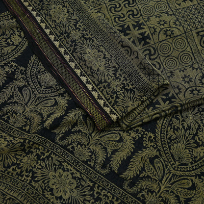 Indian Vintage Sari Beige & Black Printed Pure Cotton Sarees Fabric Floral 5Yd Sarong Wrap Boho Fabric Kimono Soft Dress making Crafting