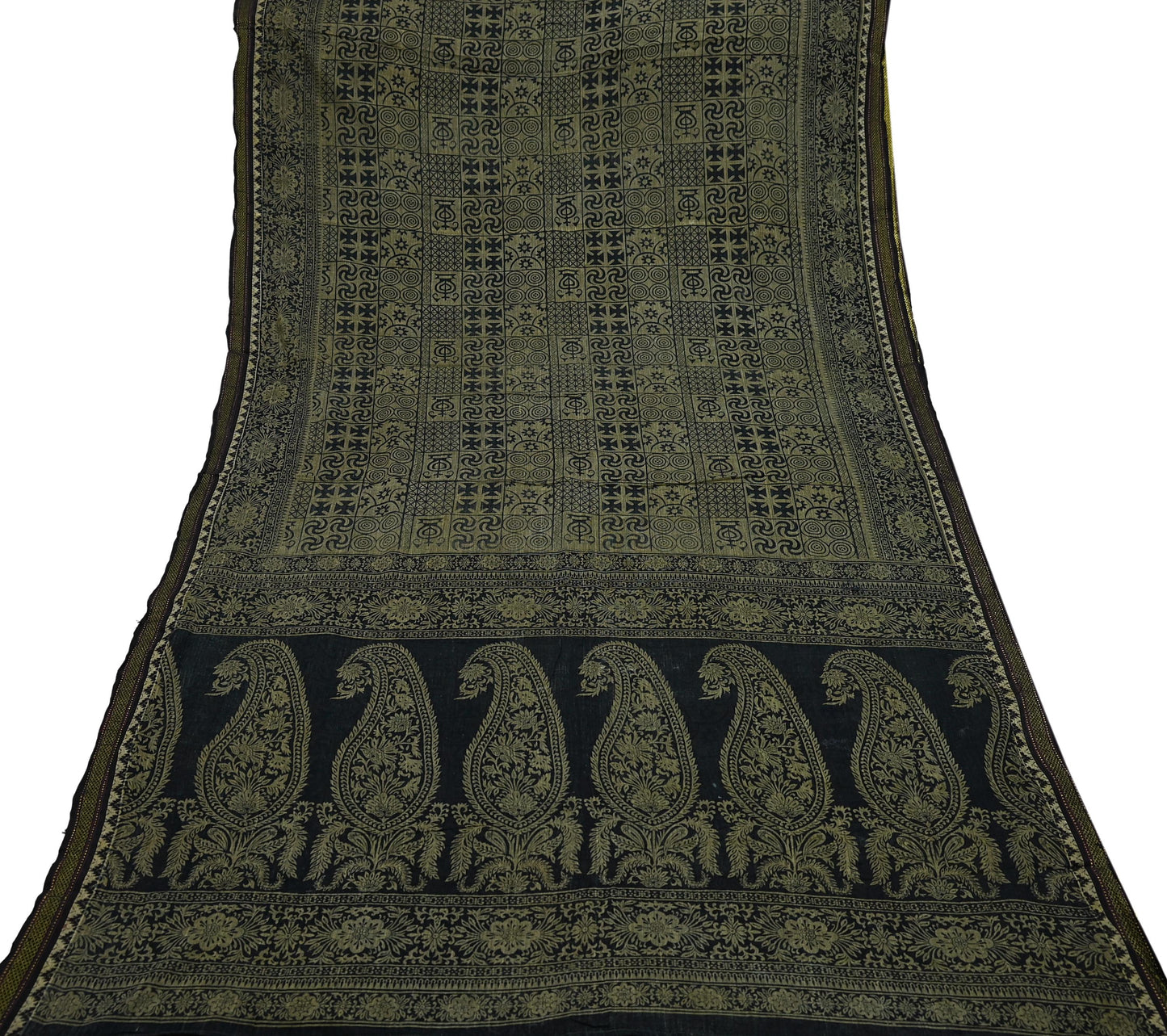 Indian Vintage Sari Beige & Black Printed Pure Cotton Sarees Fabric Floral 5Yd Sarong Wrap Boho Fabric Kimono Soft Dress making Crafting