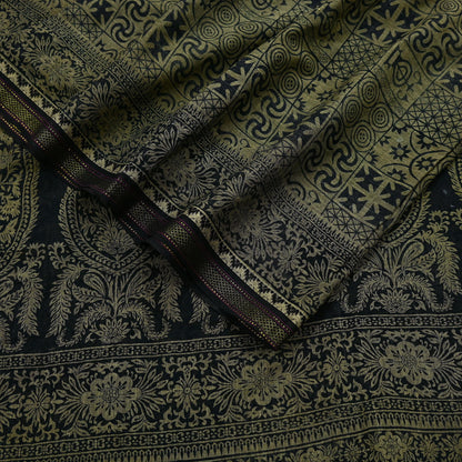 Indian Vintage Sari Beige & Black Printed Pure Cotton Sarees Fabric Floral 5Yd Sarong Wrap Boho Fabric Kimono Soft Dress making Crafting