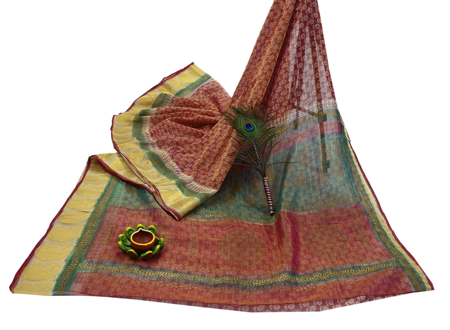 Indian Vintage Sari Red Pure chanderi Silk Hand Woven/ Painted Sarees Craft Fabric 5Yd Floral Soft Golden Zari Bollywood Sarees Crafting