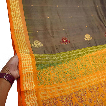 Indian Vintage Sari Saffron & Brown 100% Pure Silk Hand Woven Sarees Craft Fabric 5Yd Ethnic Sewing Dress making Crafting Quilting Upcycle
