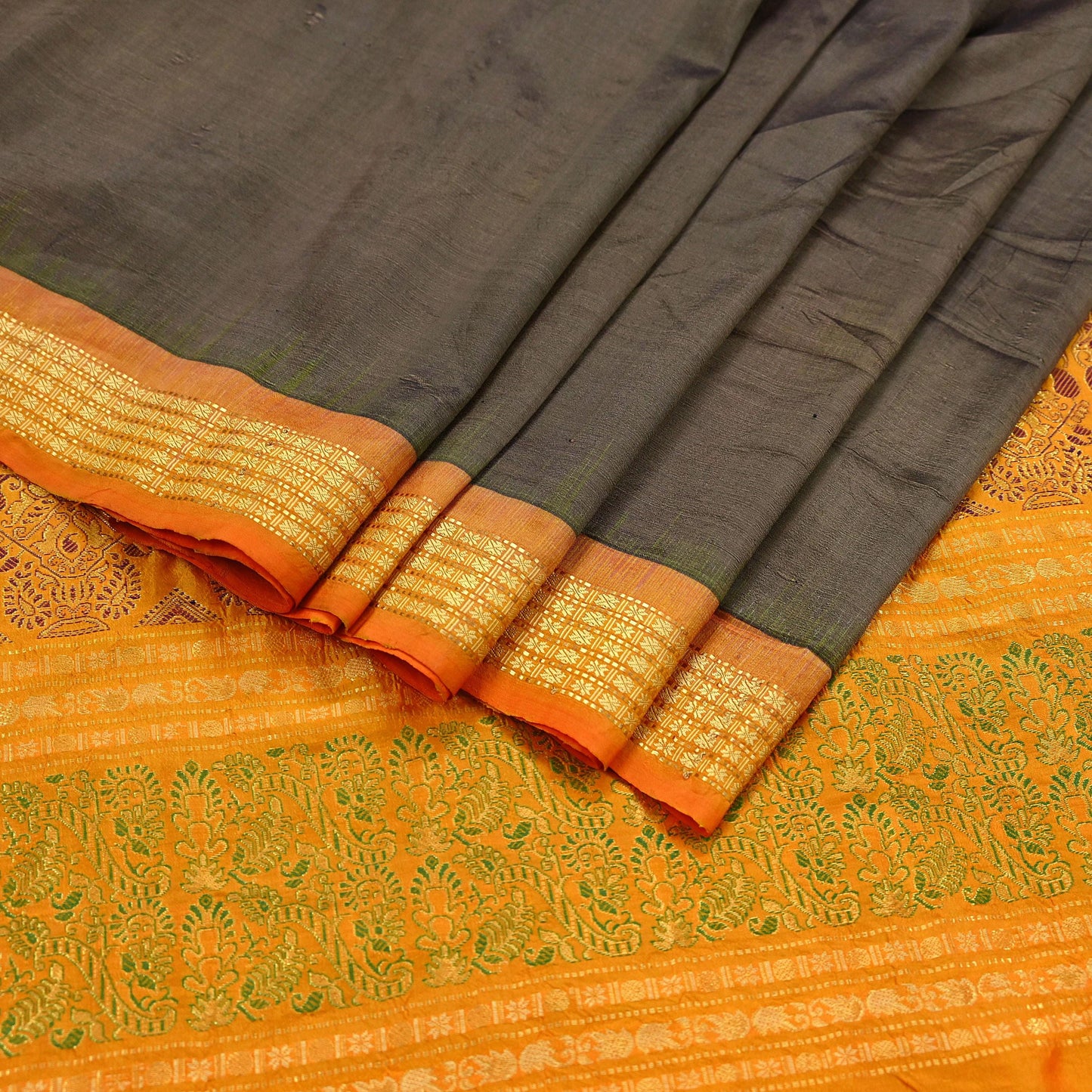 Indian Vintage Sari Saffron & Brown 100% Pure Silk Hand Woven Sarees Craft Fabric 5Yd Ethnic Sewing Dress making Crafting Quilting Upcycle