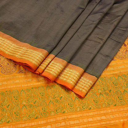 Indian Vintage Sari Saffron & Brown 100% Pure Silk Hand Woven Sarees Craft Fabric 5Yd Ethnic Sewing Dress making Crafting Quilting Upcycle