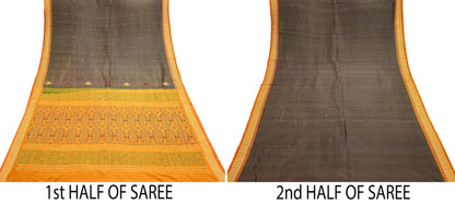 Indian Vintage Sari Saffron & Brown 100% Pure Silk Hand Woven Sarees Craft Fabric 5Yd Ethnic Sewing Dress making Crafting Quilting Upcycle