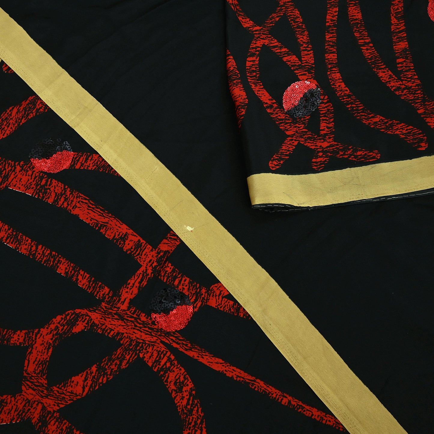 Indian Vintage Saree Red & Black Moss Crepe Embroidered Printed Sari Fabric 5yd Sewing Floral Soft Craft Fabric Dressmaking Quilting