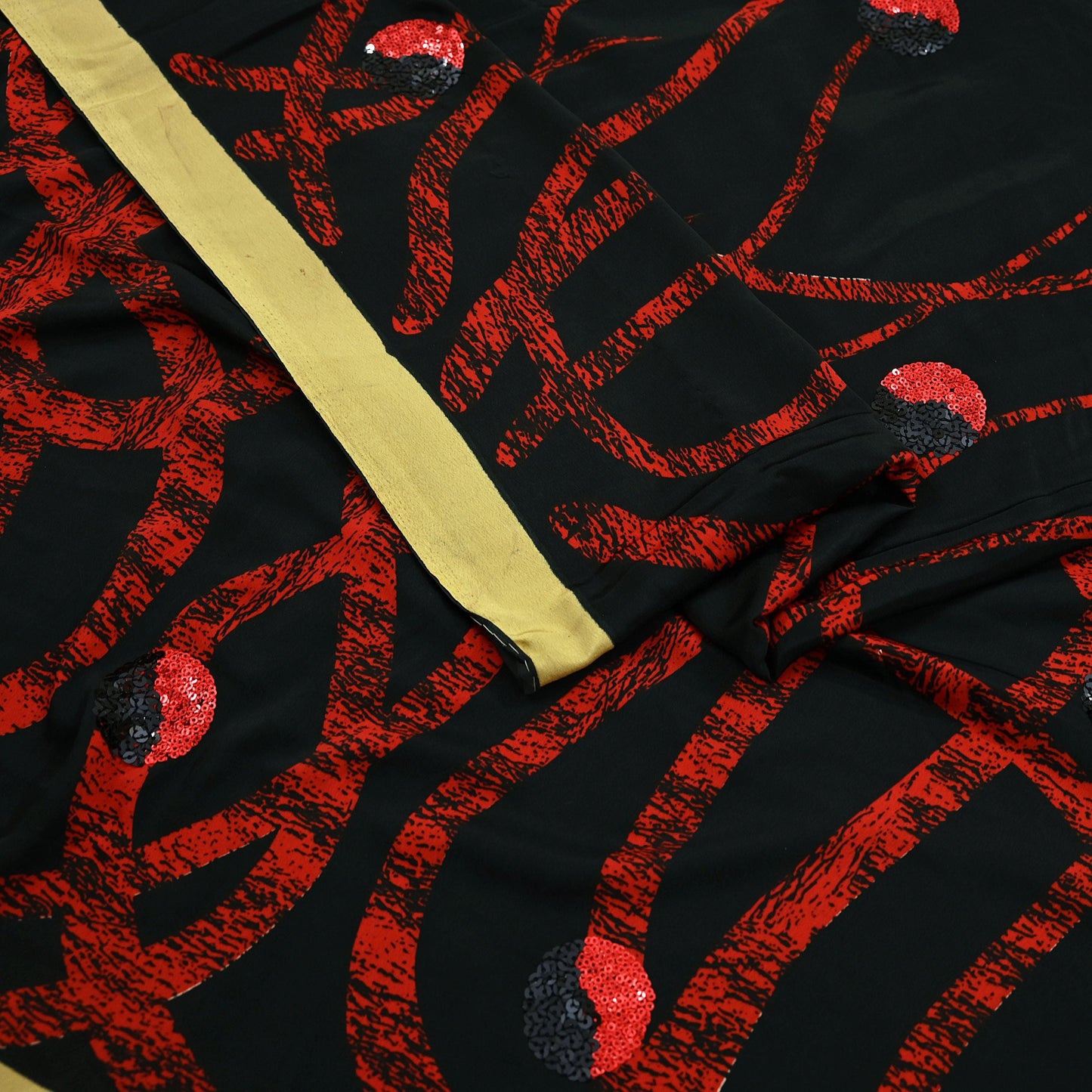 Indian Vintage Saree Red & Black Moss Crepe Embroidered Printed Sari Fabric 5yd Sewing Floral Soft Craft Fabric Dressmaking Quilting