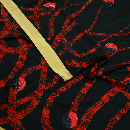 Indian Vintage Saree Red & Black Moss Crepe Embroidered Printed Sari Fabric 5yd Sewing Floral Soft Craft Fabric Dressmaking Quilting