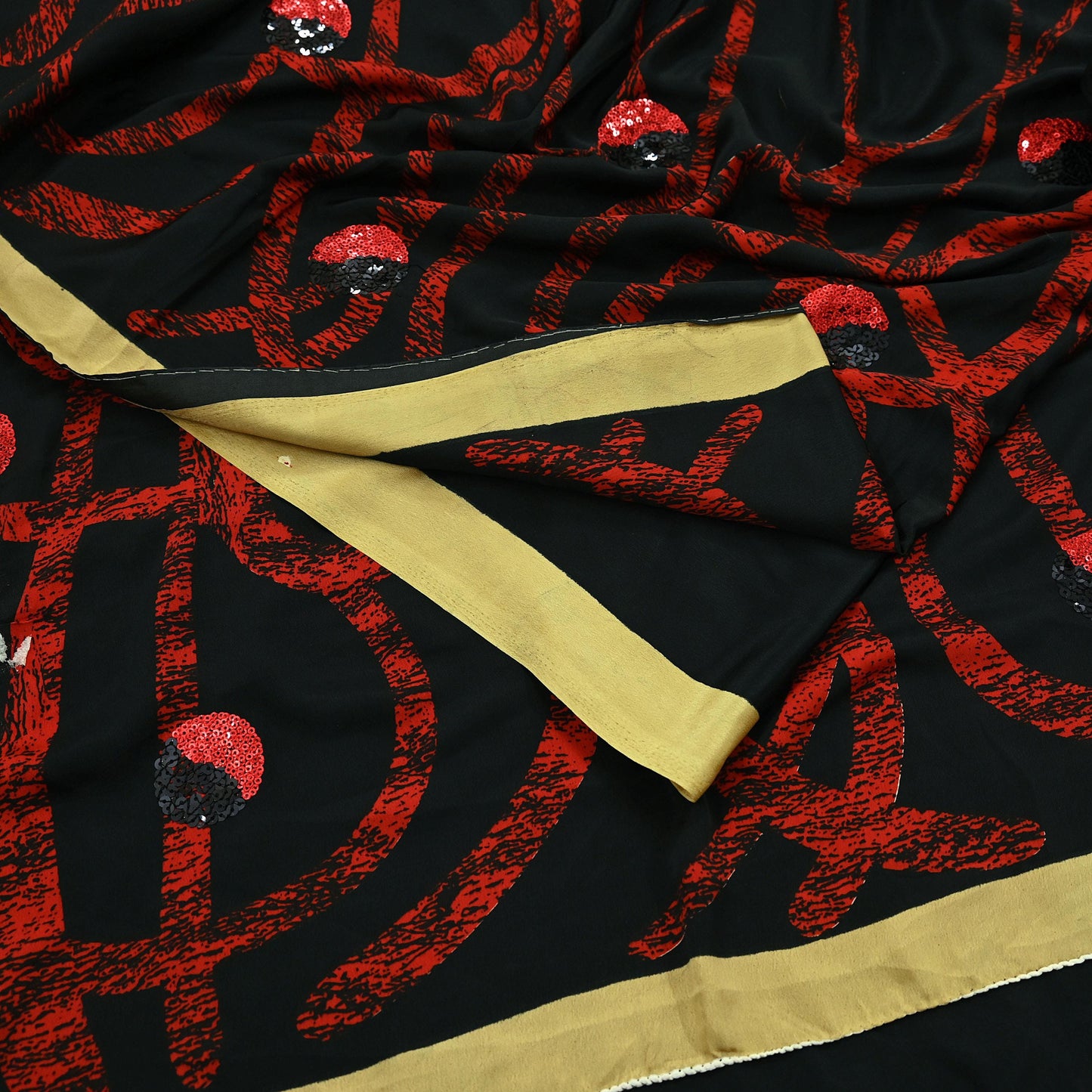 Indian Vintage Saree Red & Black Moss Crepe Embroidered Printed Sari Fabric 5yd Sewing Floral Soft Craft Fabric Dressmaking Quilting
