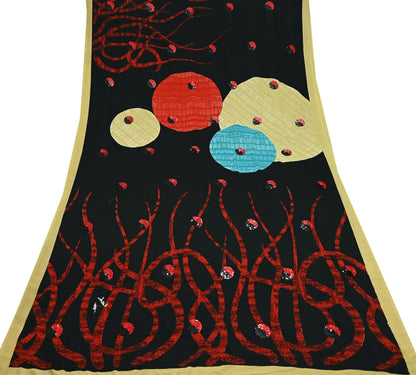 Indian Vintage Saree Red & Black Moss Crepe Embroidered Printed Sari Fabric 5yd Sewing Floral Soft Craft Fabric Dressmaking Quilting