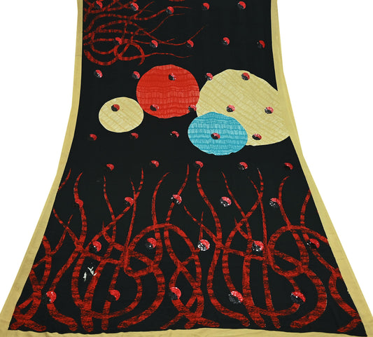 Indian Vintage Saree Red & Black Moss Crepe Embroidered Printed Sari Fabric 5yd Sewing Floral Soft Craft Fabric Dressmaking Quilting