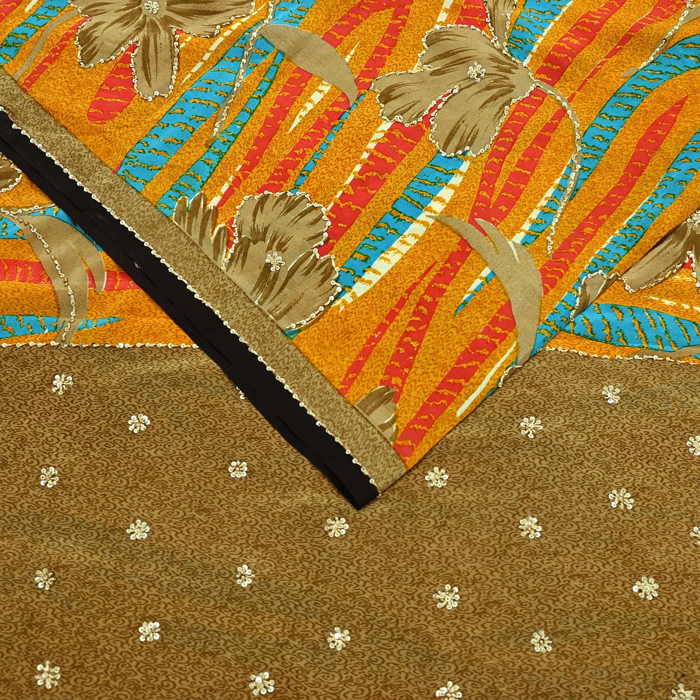 Indian Vintage Sari Saffron & Brown Pure Crepe Silk Hand Embroidered Sarees 5yd Sewing Floral Craft Sequins Dress making Crafting Quilting