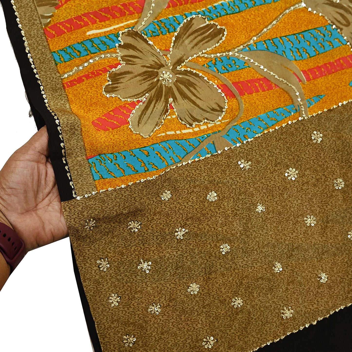 Indian Vintage Sari Saffron & Brown Pure Crepe Silk Hand Embroidered Sarees 5yd Sewing Floral Craft Sequins Dress making Crafting Quilting