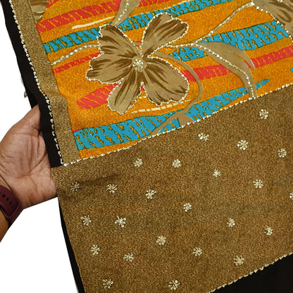 Indian Vintage Sari Saffron & Brown Pure Crepe Silk Hand Embroidered Sarees 5yd Sewing Floral Craft Sequins Dress making Crafting Quilting