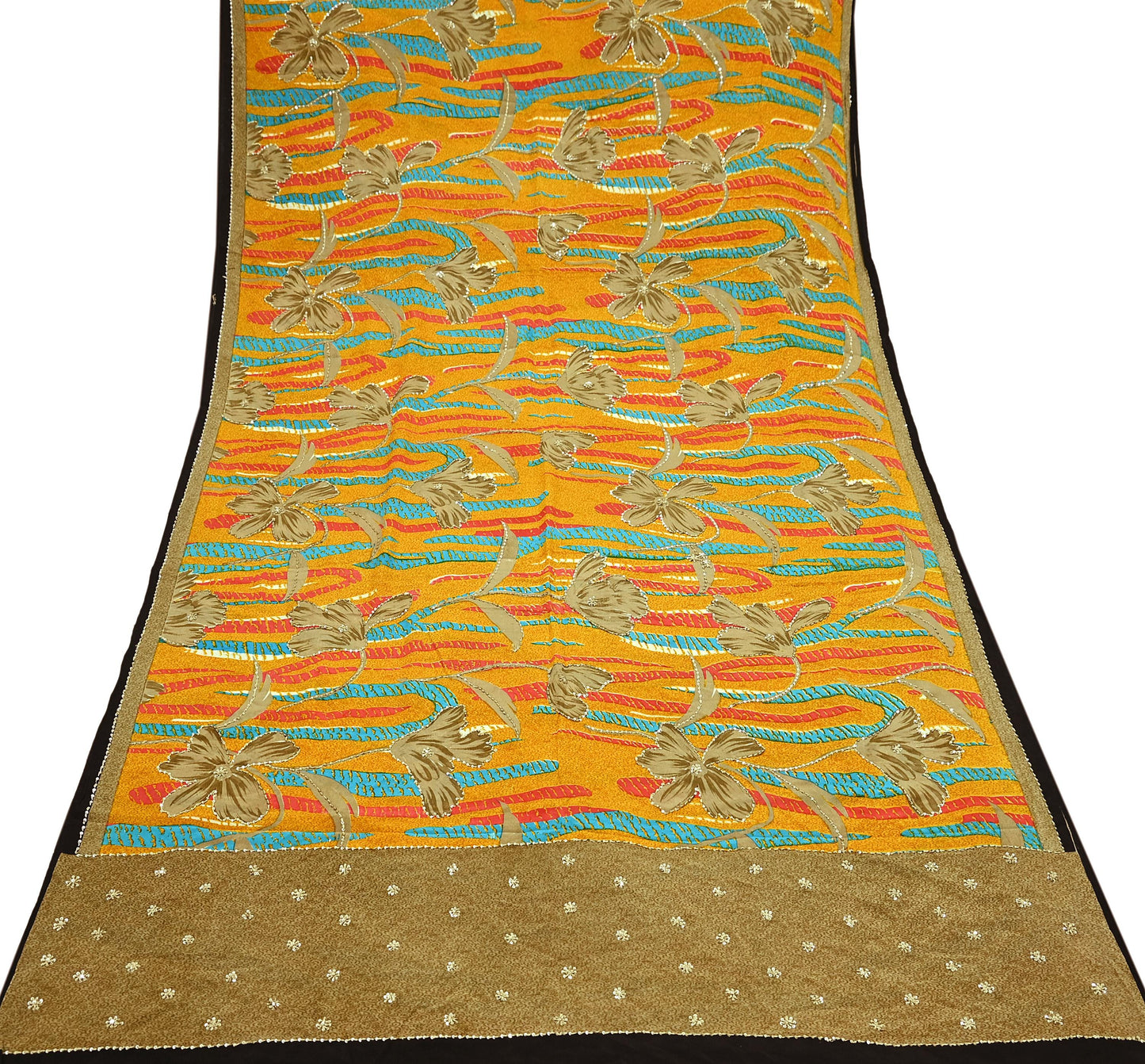 Indian Vintage Sari Saffron & Brown Pure Crepe Silk Hand Embroidered Sarees 5yd Sewing Floral Craft Sequins Dress making Crafting Quilting