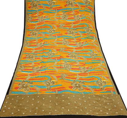 Indian Vintage Sari Saffron & Brown Pure Crepe Silk Hand Embroidered Sarees 5yd Sewing Floral Craft Sequins Dress making Crafting Quilting