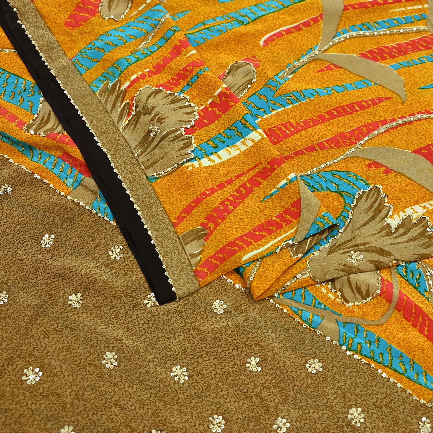 Indian Vintage Sari Saffron & Brown Pure Crepe Silk Hand Embroidered Sarees 5yd Sewing Floral Craft Sequins Dress making Crafting Quilting