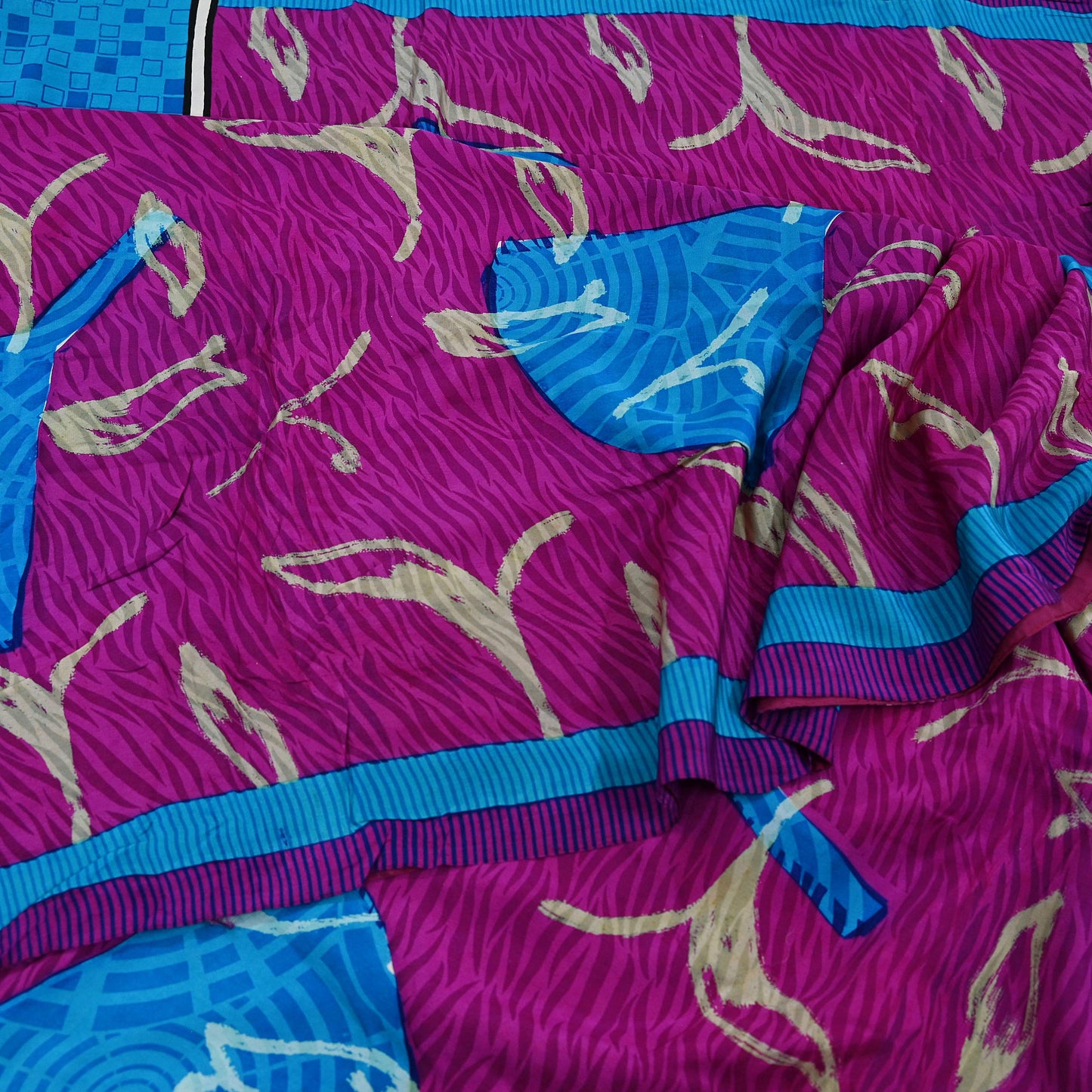 Indian Vintage Blue & Purple Saree Pure Crepe Silk Printed Sari 5yd Sewing Soft Craft Fabric Wrap Dress making Crafting Quilting Upcycle