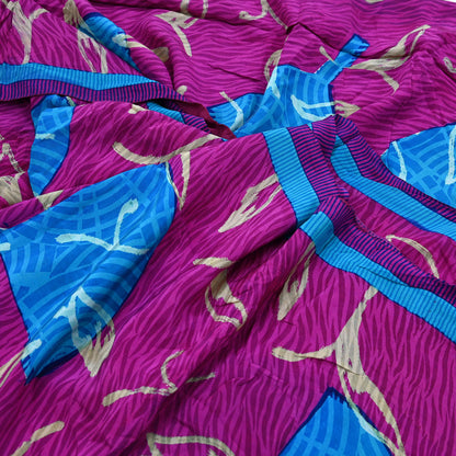 Indian Vintage Blue & Purple Saree Pure Crepe Silk Printed Sari 5yd Sewing Soft Craft Fabric Wrap Dress making Crafting Quilting Upcycle