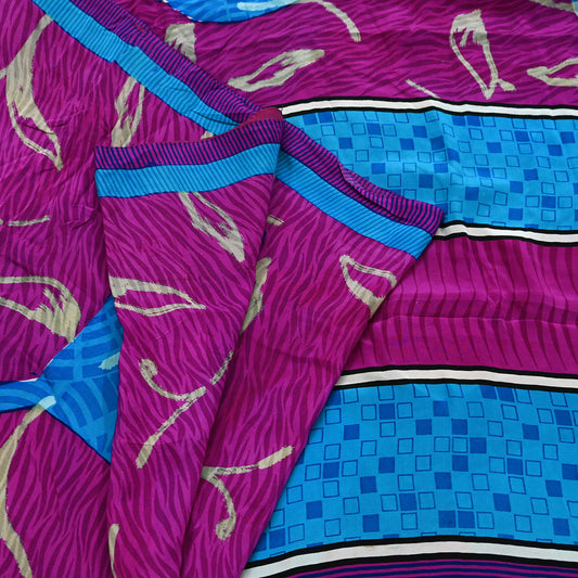 Indian Vintage Blue & Purple Saree Pure Crepe Silk Printed Sari 5yd Sewing Soft Craft Fabric Wrap Dress making Crafting Quilting Upcycle