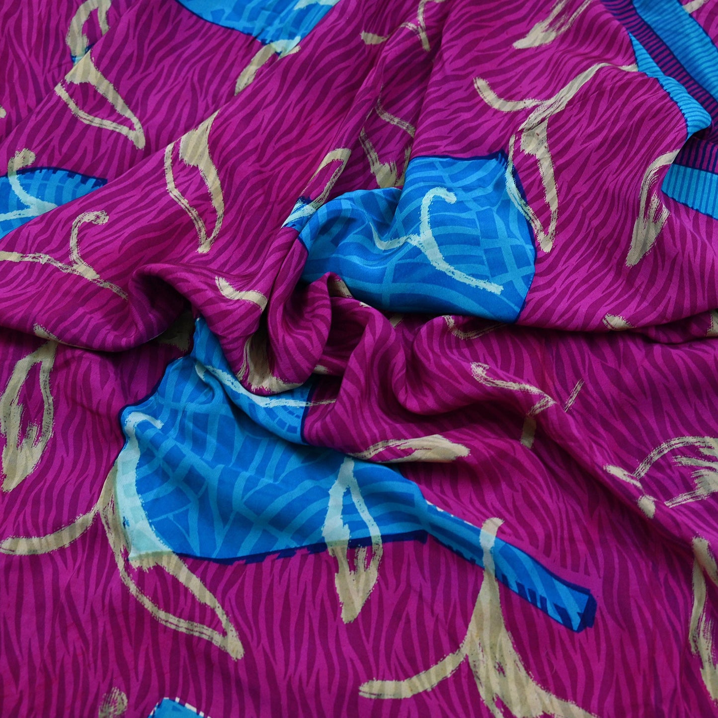 Indian Vintage Blue & Purple Saree Pure Crepe Silk Printed Sari 5yd Sewing Soft Craft Fabric Wrap Dress making Crafting Quilting Upcycle