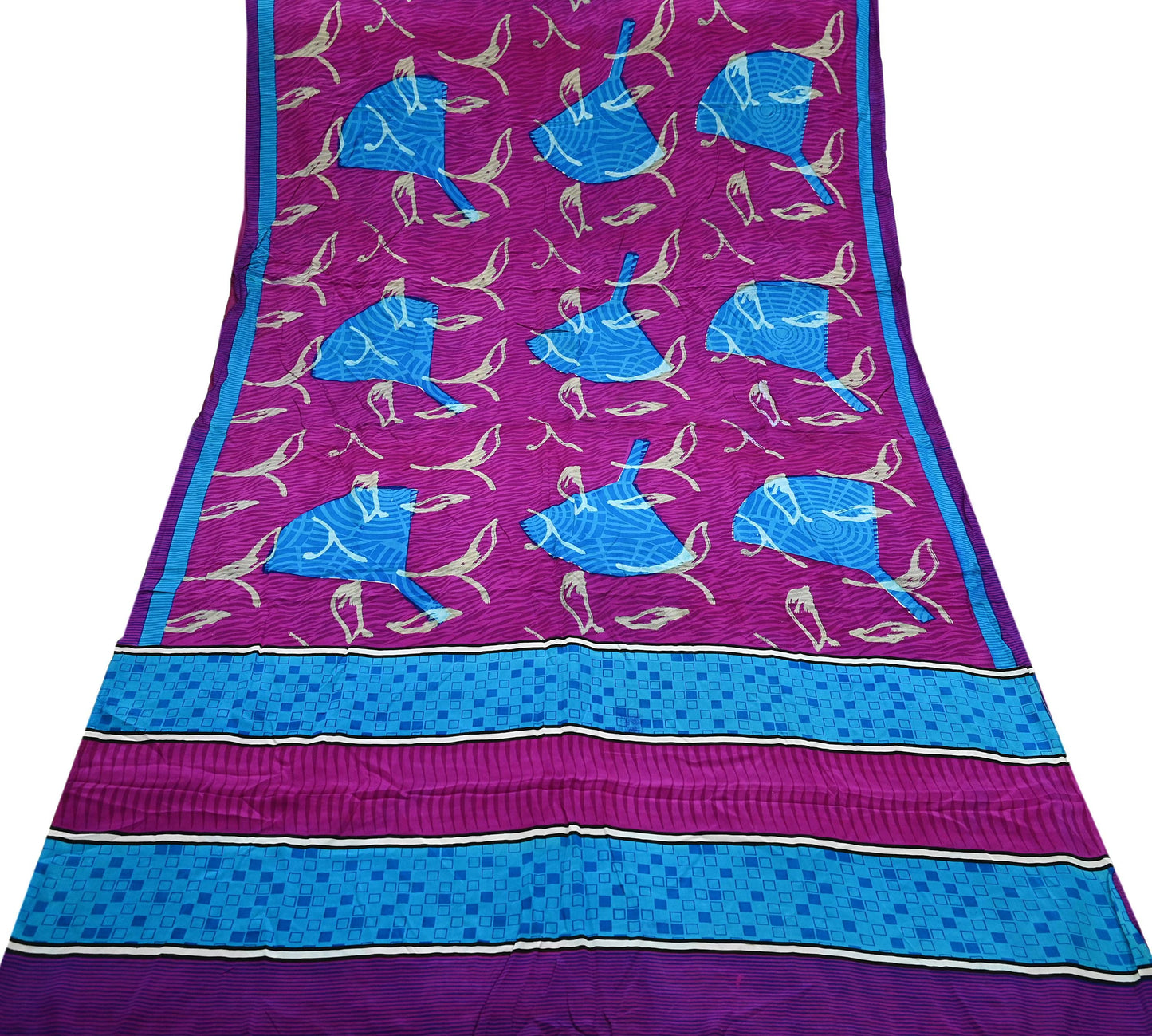 Indian Vintage Blue & Purple Saree Pure Crepe Silk Printed Sari 5yd Sewing Soft Craft Fabric Wrap Dress making Crafting Quilting Upcycle