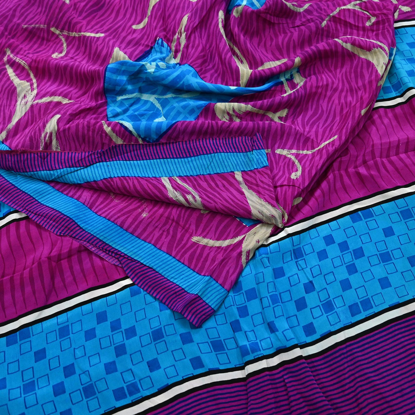 Indian Vintage Blue & Purple Saree Pure Crepe Silk Printed Sari 5yd Sewing Soft Craft Fabric Wrap Dress making Crafting Quilting Upcycle