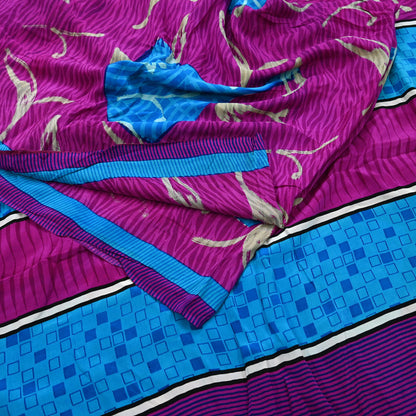 Indian Vintage Blue & Purple Saree Pure Crepe Silk Printed Sari 5yd Sewing Soft Craft Fabric Wrap Dress making Crafting Quilting Upcycle