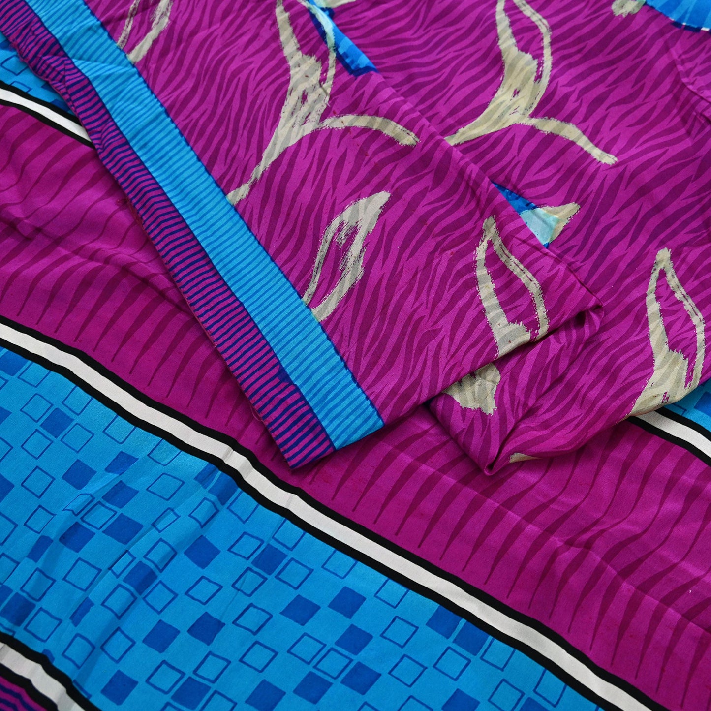 Indian Vintage Blue & Purple Saree Pure Crepe Silk Printed Sari 5yd Sewing Soft Craft Fabric Wrap Dress making Crafting Quilting Upcycle
