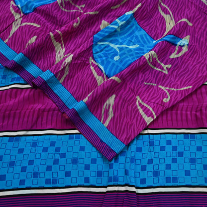 Indian Vintage Blue & Purple Saree Pure Crepe Silk Printed Sari 5yd Sewing Soft Craft Fabric Wrap Dress making Crafting Quilting Upcycle
