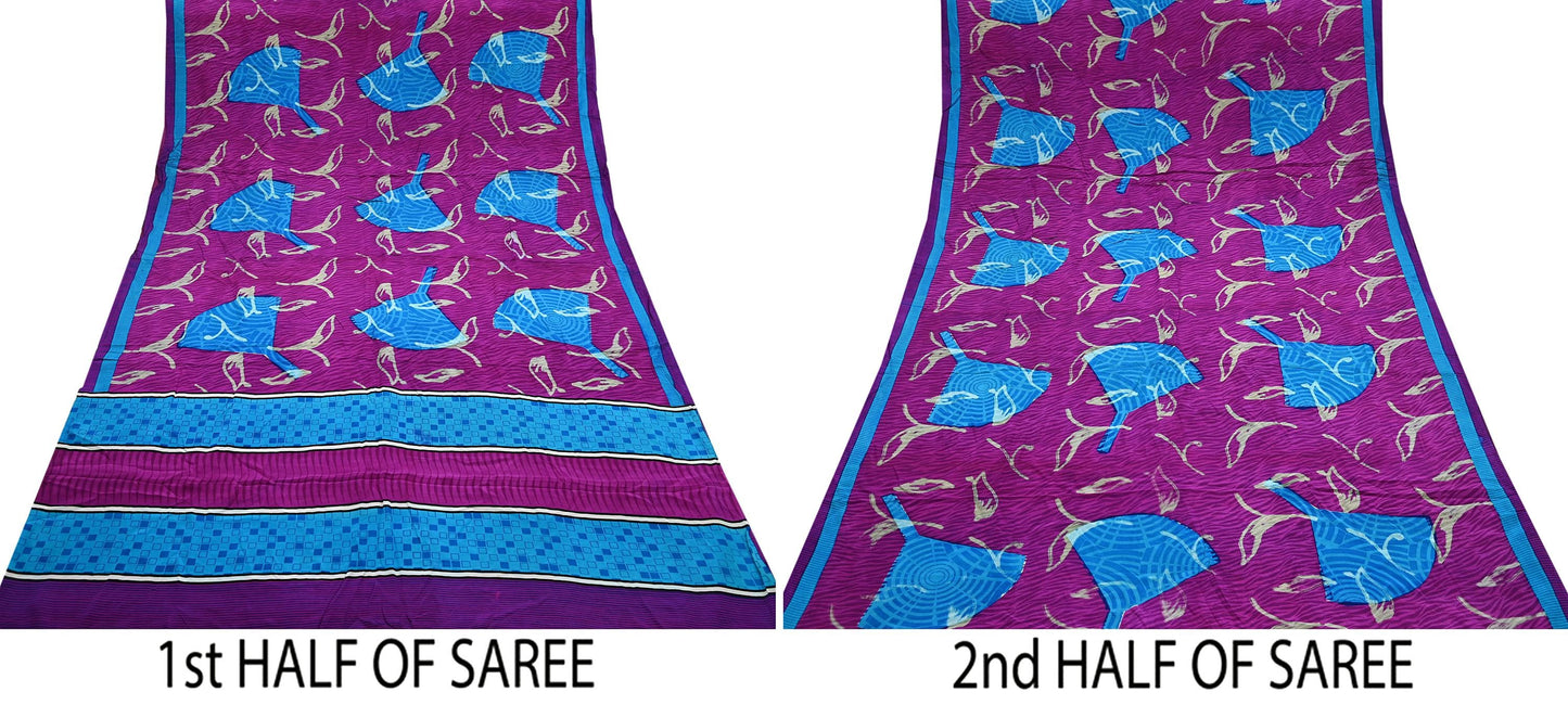 Indian Vintage Blue & Purple Saree Pure Crepe Silk Printed Sari 5yd Sewing Soft Craft Fabric Wrap Dress making Crafting Quilting Upcycle