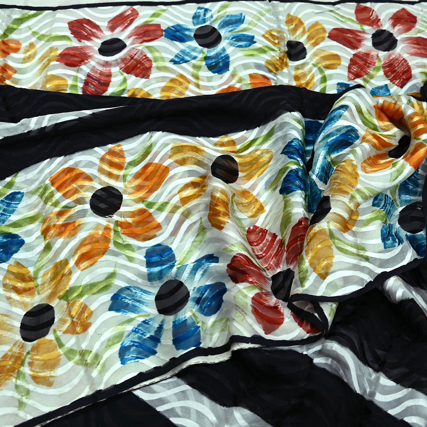 Indian Vintage Sari Black & White 100% Pure Chiffon Silk Woven Brasso Printed Sarees Sewing 5yd Craft Soft Dress Designing for Crafting
