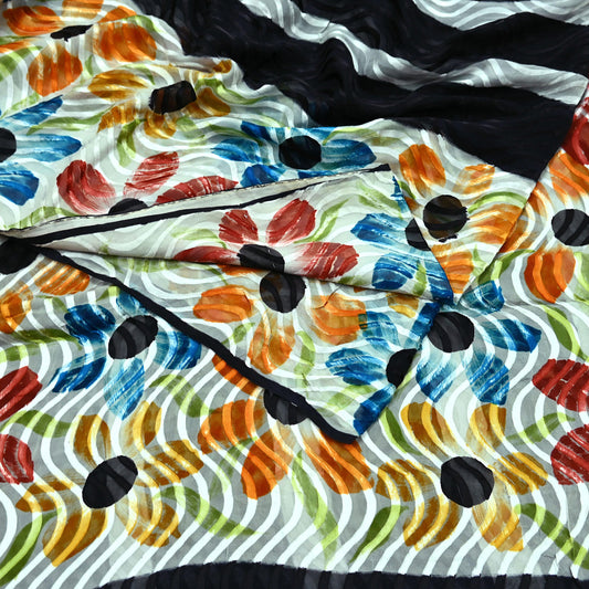Indian Vintage Sari Black & White 100% Pure Chiffon Silk Woven Brasso Printed Sarees Sewing 5yd Craft Soft Dress Designing for Crafting