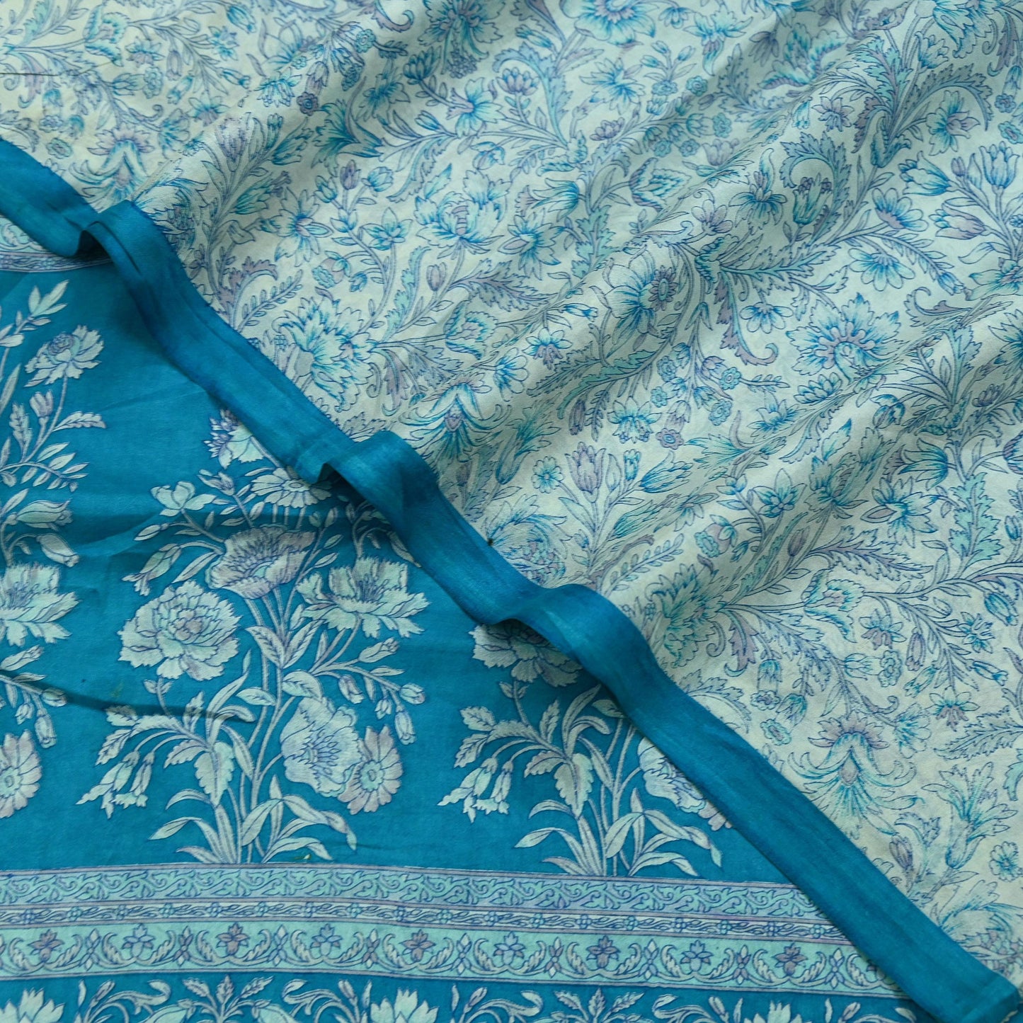 Indian Vintage Saree Blue & White Pure Silk Printed Sari 5yd Craft Fabric Sewing Floral Soft Wrap Sarong Quilting Used