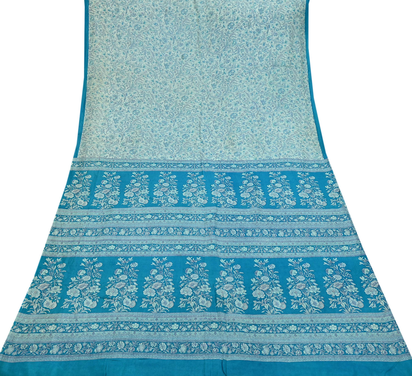 Indian Vintage Saree Blue & White Pure Silk Printed Sari 5yd Craft Fabric Sewing Floral Soft Wrap Sarong Quilting Used