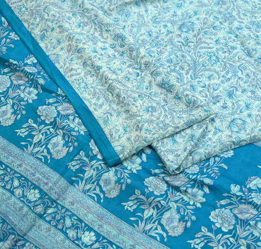 Indian Vintage Saree Blue & White Pure Silk Printed Sari 5yd Craft Fabric Sewing Floral Soft Wrap Sarong Quilting Used