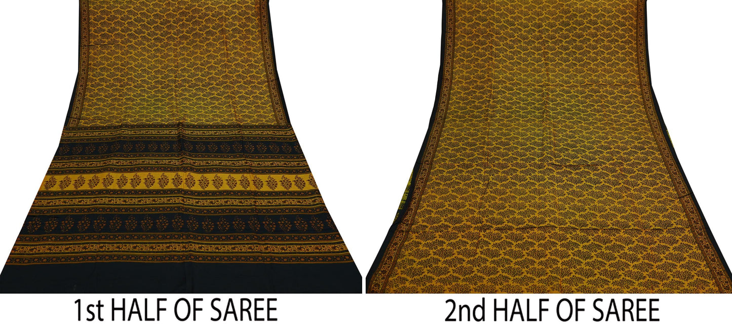 Indian Vintage Sari Black Printed Pure Silk Sarees Craft Fabric 6yd Sewing Floral Soft Dress Designing  for Crafting Quilting Upcycle Wrap