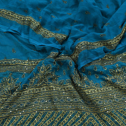 Indian Vintage Dupatta Blue Long Stole Hand Embroidered kantha stole Georgette Scarves Veil Wrap Soft Floral Sequins