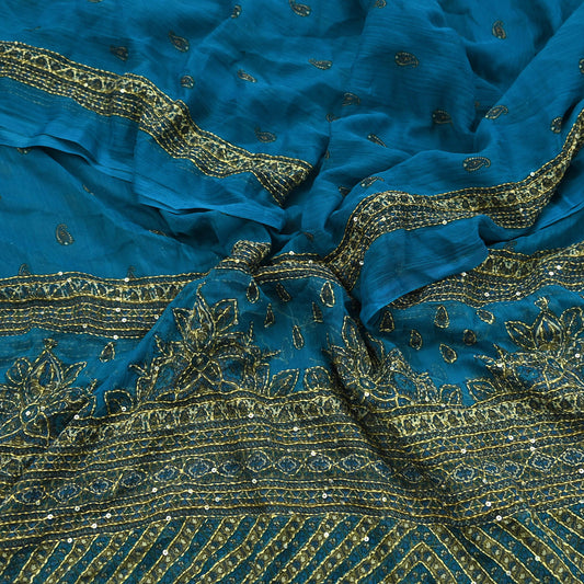 Indian Vintage Dupatta Blue Long Stole Hand Embroidered kantha stole Georgette Scarves Veil Wrap Soft Floral Sequins