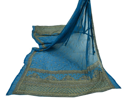 Indian Vintage Dupatta Blue Long Stole Hand Embroidered kantha stole Georgette Scarves Veil Wrap Soft Floral Sequins