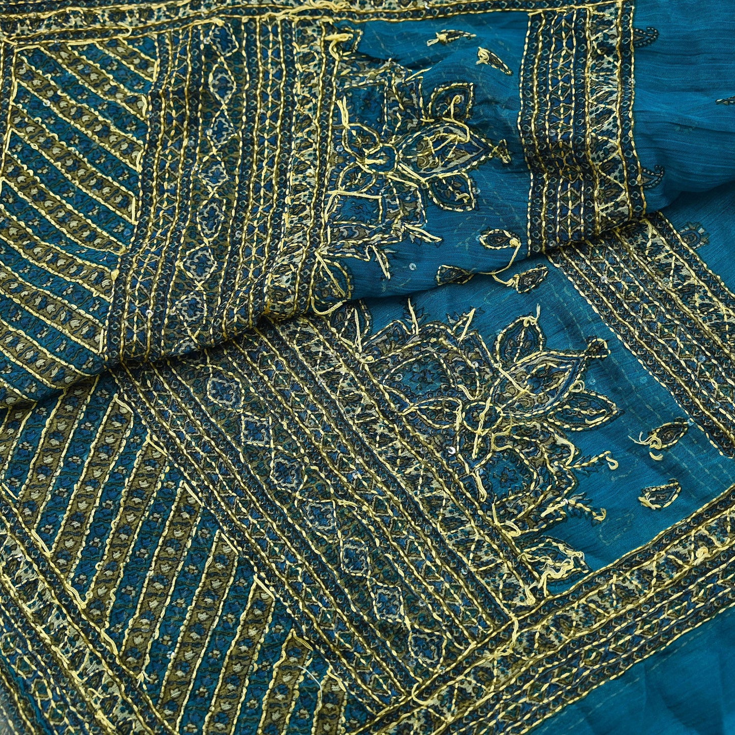 Indian Vintage Dupatta Blue Long Stole Hand Embroidered kantha stole Georgette Scarves Veil Wrap Soft Floral Sequins