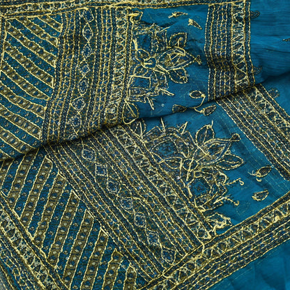 Indian Vintage Dupatta Blue Long Stole Hand Embroidered kantha stole Georgette Scarves Veil Wrap Soft Floral Sequins