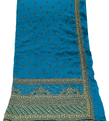 Indian Vintage Dupatta Blue Long Stole Hand Embroidered kantha stole Georgette Scarves Veil Wrap Soft Floral Sequins