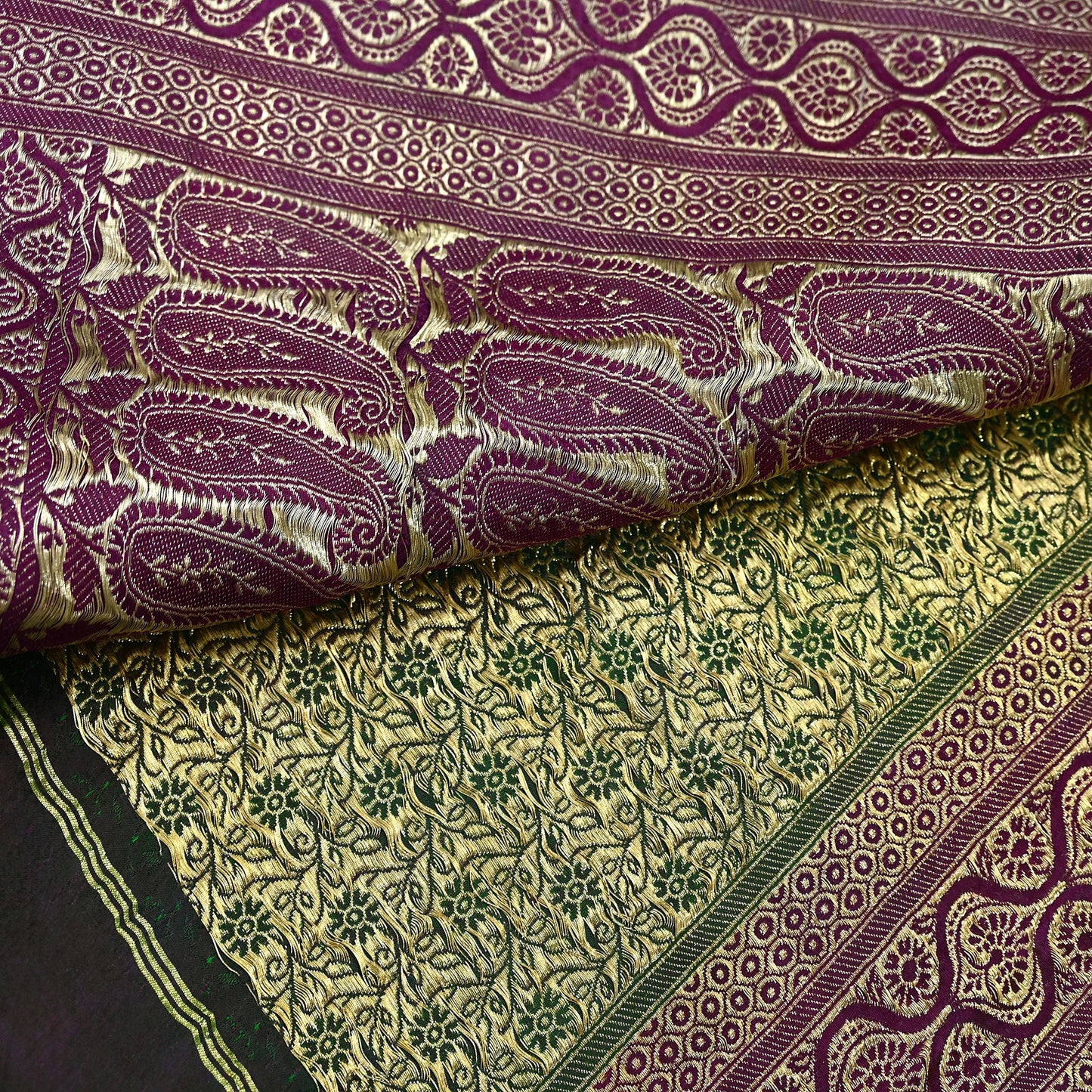 Indian Vintage Sari Green & Purple Heavy Wedding Pure Satin Silk Banarasi Brocade Saree Zari 5Yd Craft Fabric Ethnic Dress making Crafting