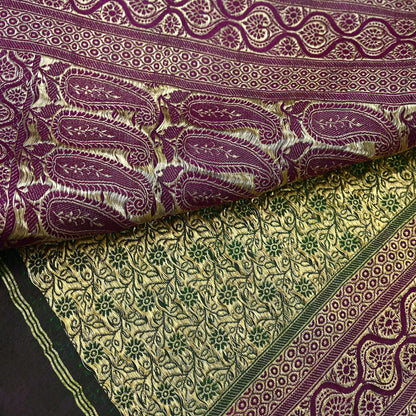 Indian Vintage Sari Green & Purple Heavy Wedding Pure Satin Silk Banarasi Brocade Saree Zari 5Yd Craft Fabric Ethnic Dress making Crafting