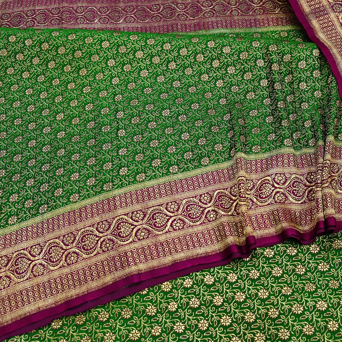 Indian Vintage Sari Green & Purple Heavy Wedding Pure Satin Silk Banarasi Brocade Saree Zari 5Yd Craft Fabric Ethnic Dress making Crafting