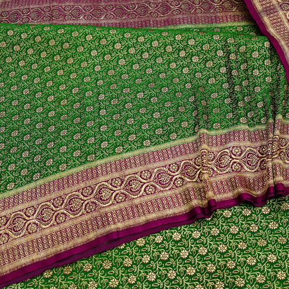 Indian Vintage Sari Green & Purple Heavy Wedding Pure Satin Silk Banarasi Brocade Saree Zari 5Yd Craft Fabric Ethnic Dress making Crafting