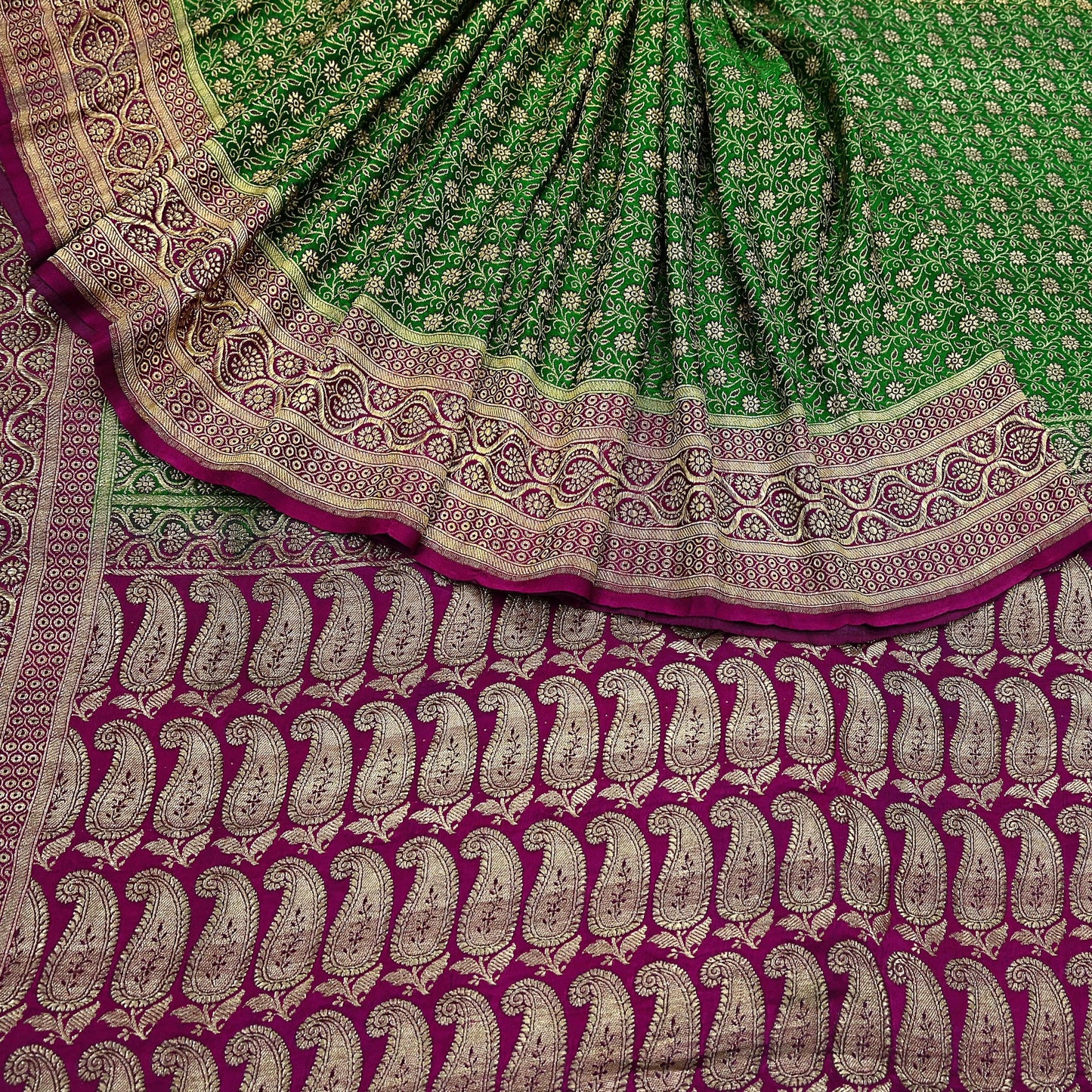 Indian Vintage Sari Green & Purple Heavy Wedding Pure Satin Silk Banarasi Brocade Saree Zari 5Yd Craft Fabric Ethnic Dress making Crafting