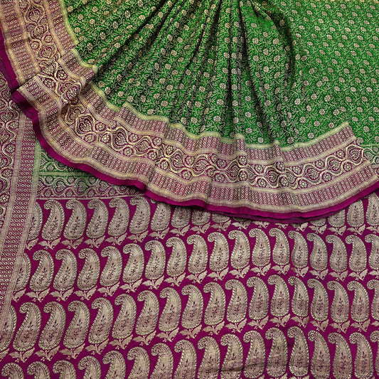 Indian Vintage Sari Green & Purple Heavy Wedding Pure Satin Silk Banarasi Brocade Saree Zari 5Yd Craft Fabric Ethnic Dress making Crafting