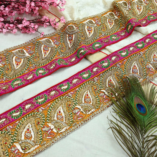 Indian Vintage Sari Border Hand Embroidered Craft Trim Lace 1Yd Sewing Sari Ribbon Dress making Dress Designing Decor Dabka